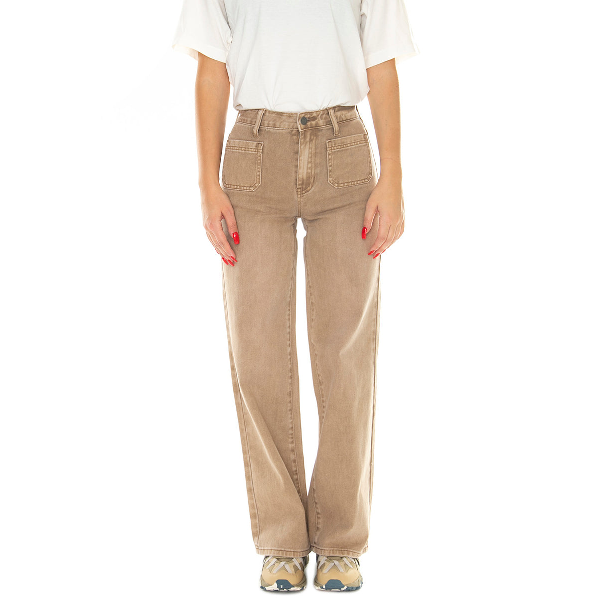 Go Patch Pkt Wide Leg Pant Washed Brown Canvas - Pantaloni Denim Jeans Donna Marroni W3BG02D4SB0-F1GM . GUESS ORIGINALS 
