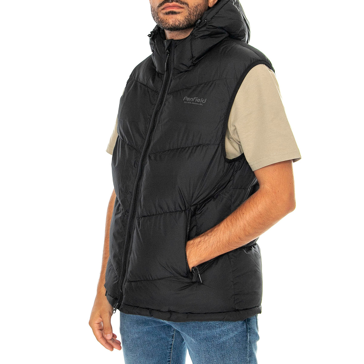 Hudson Script Angled Quilt Rip Black - Giacca Smanicata con Cappuccio Uomo Nera PFD0052-023 . PENFIELD 