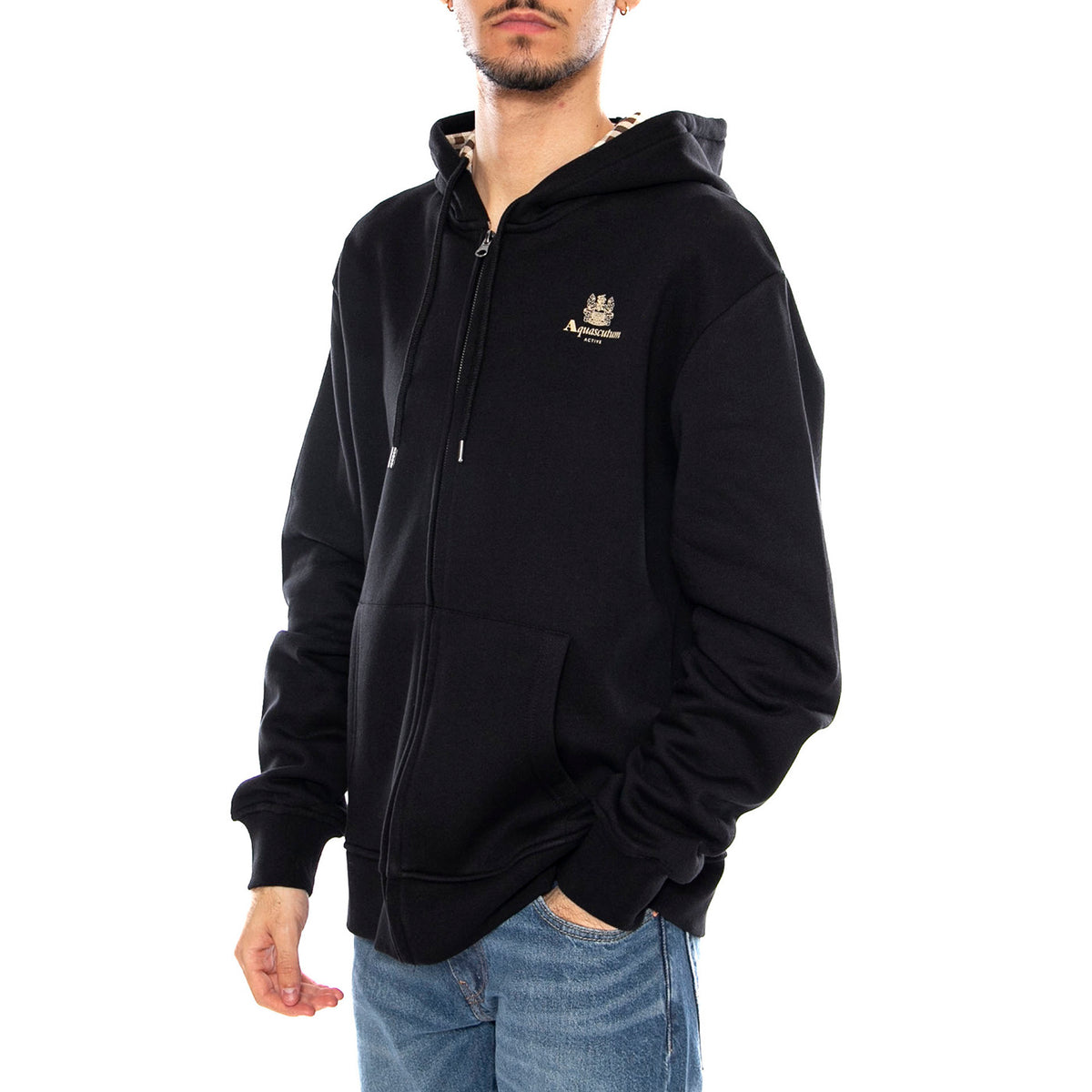Full Zipped Hoodie Fleece -- Felpa con Cappuccio Uomo Nero AW_ICON_SW001_16 . AQUASCUTUM 