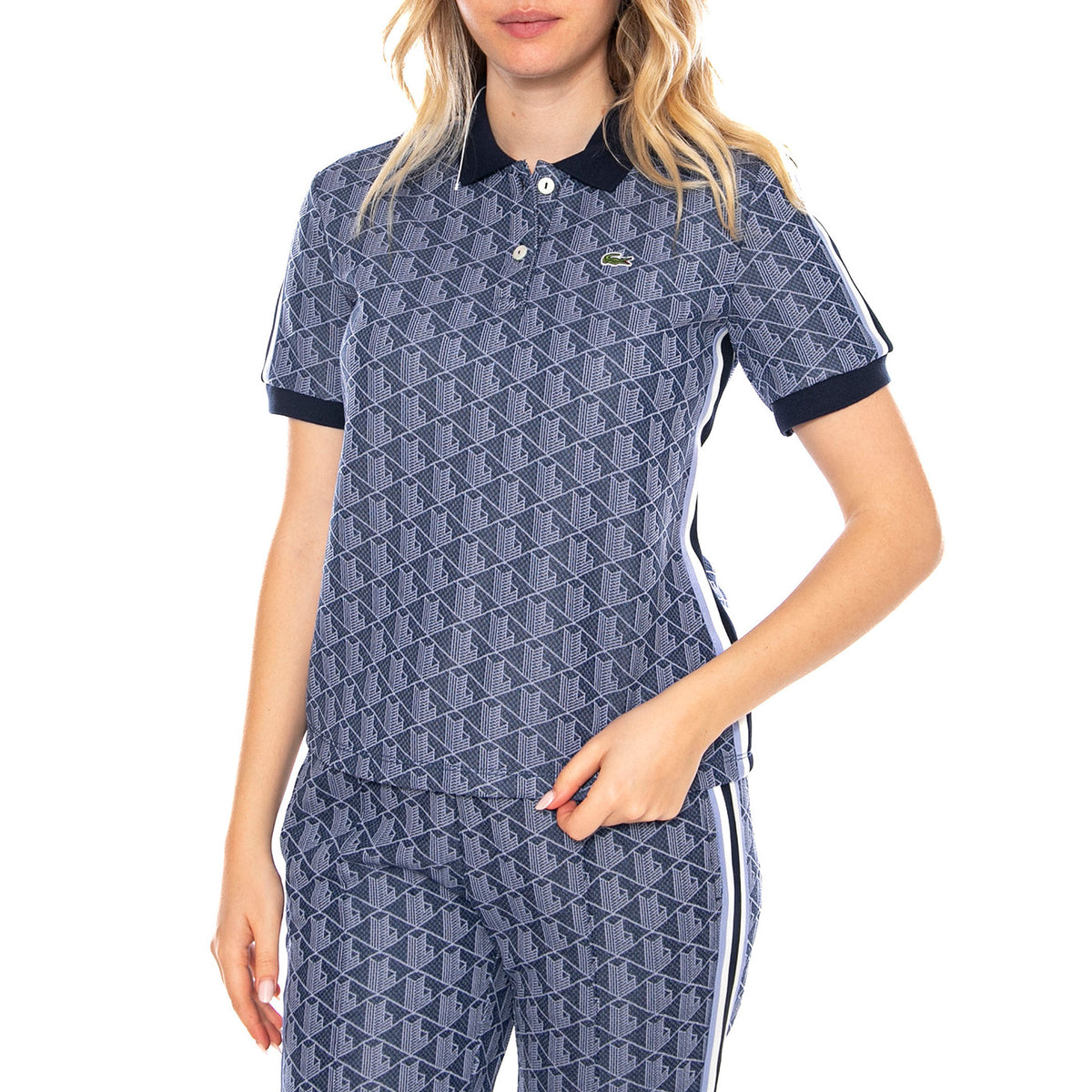 Polo Maglietta M/C AIT Lacoste -- Polo Donna Blu con Logo All Over DF3364-AIT . LACOSTE 