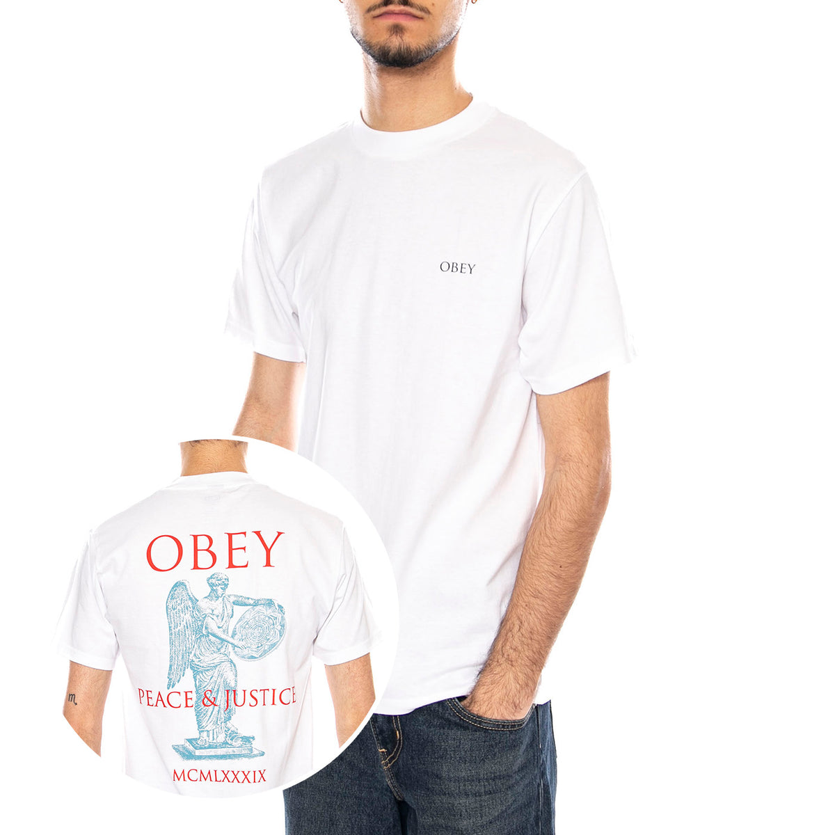 Obey Peace & Justice Statue Maglietta -- Maglietta Uomo Bianca 165264238 WHT OBEY 