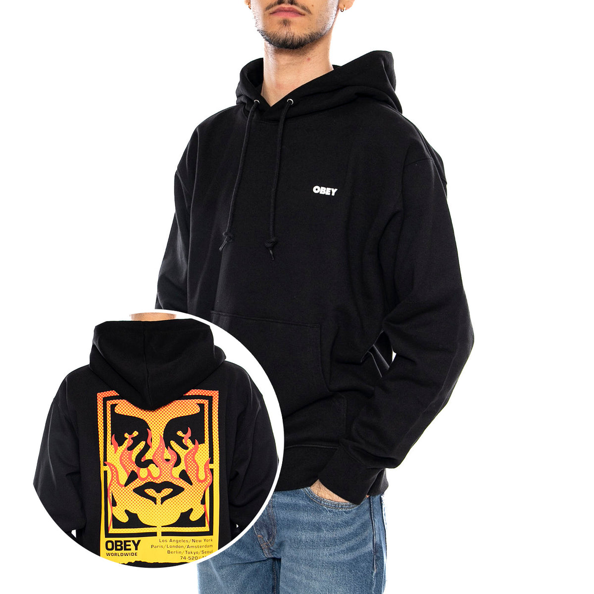 Obey Icon Stencil Flame Fleece -- Felpa con Cappuccio Uomo Nera 117464048 BLK OBEY 