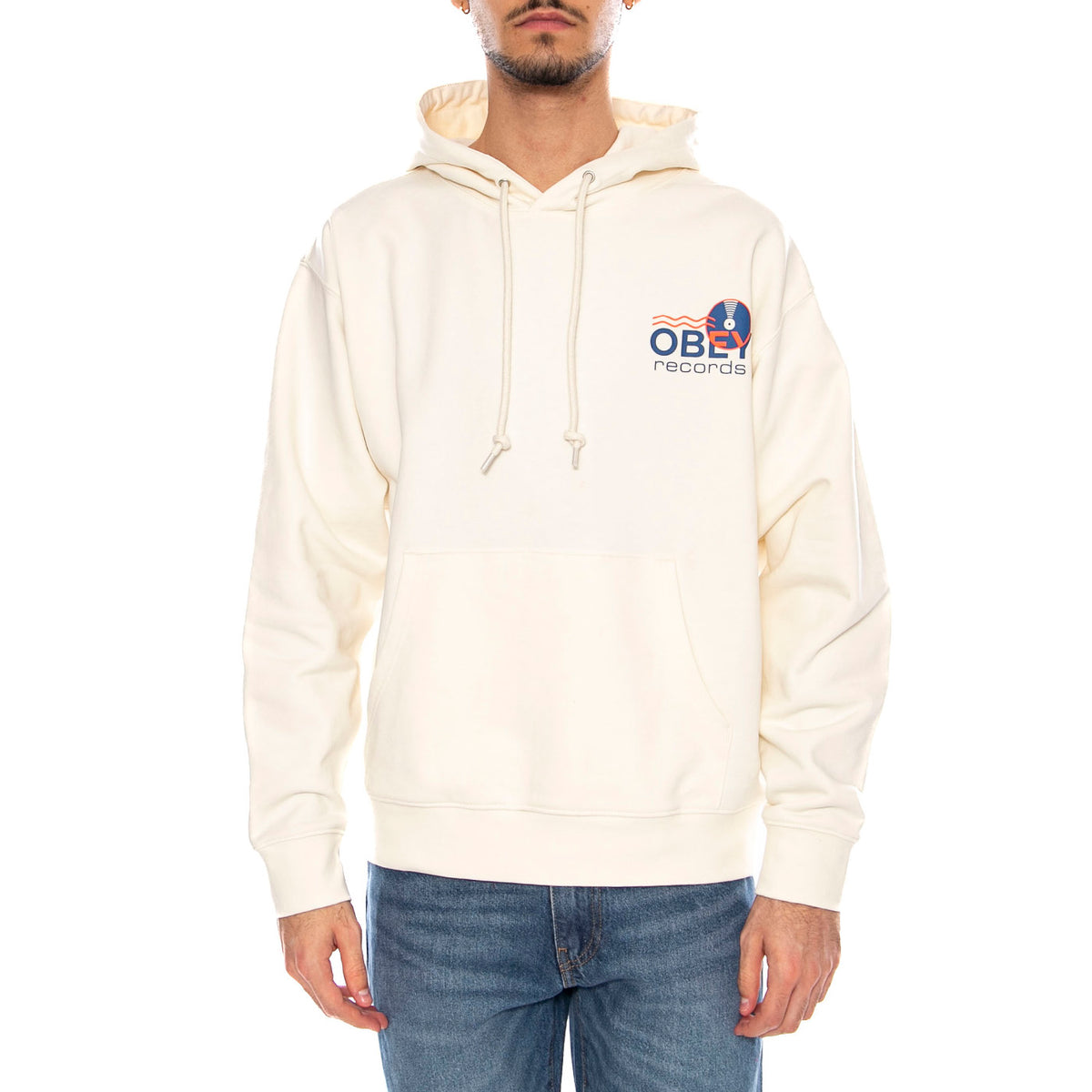 Obey Records Sound Waves Fleece Unbleached -- Felpa con Cappuccio Uomo Beige Naturale 117464050 UBL OBEY 