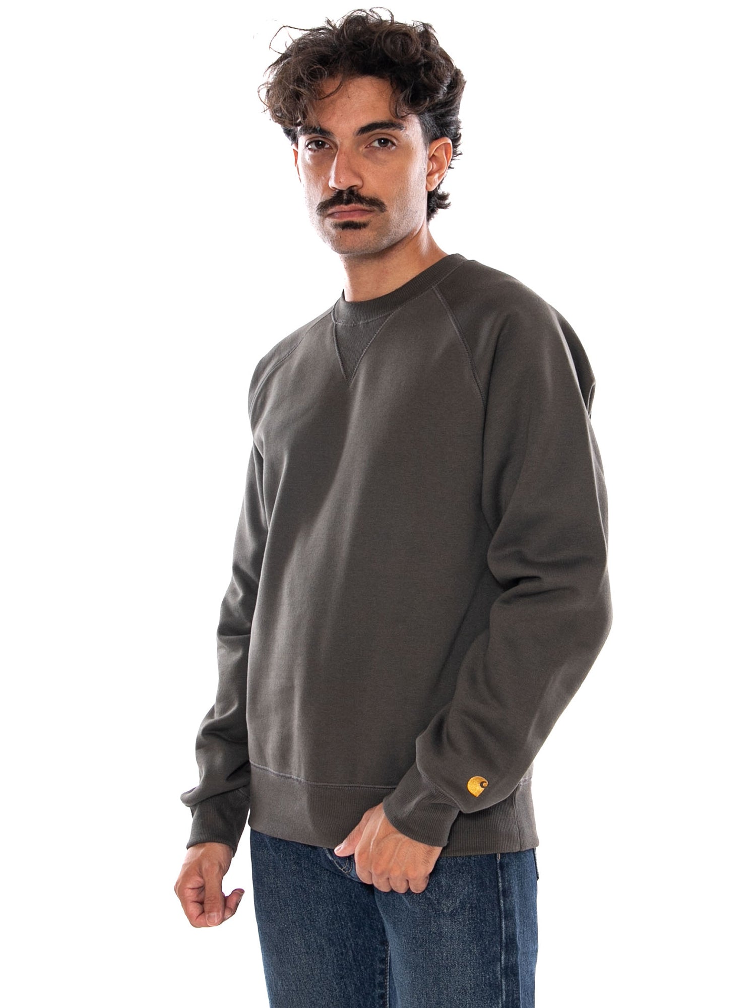 CARHARTT WIP CHASE SWEAT SHUNGITE / GOLD - Felpa Girocollo Uomo Grigia I033660 3X9XX CARHARTT WIP 