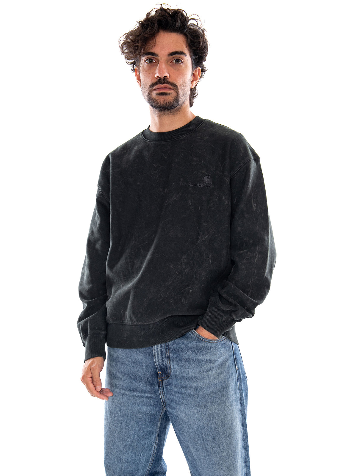 Lambert Sweat Raven moon wash - Felpa Girocollo Uomo Nera I037104 3T6FQ CARHARTT WIP 