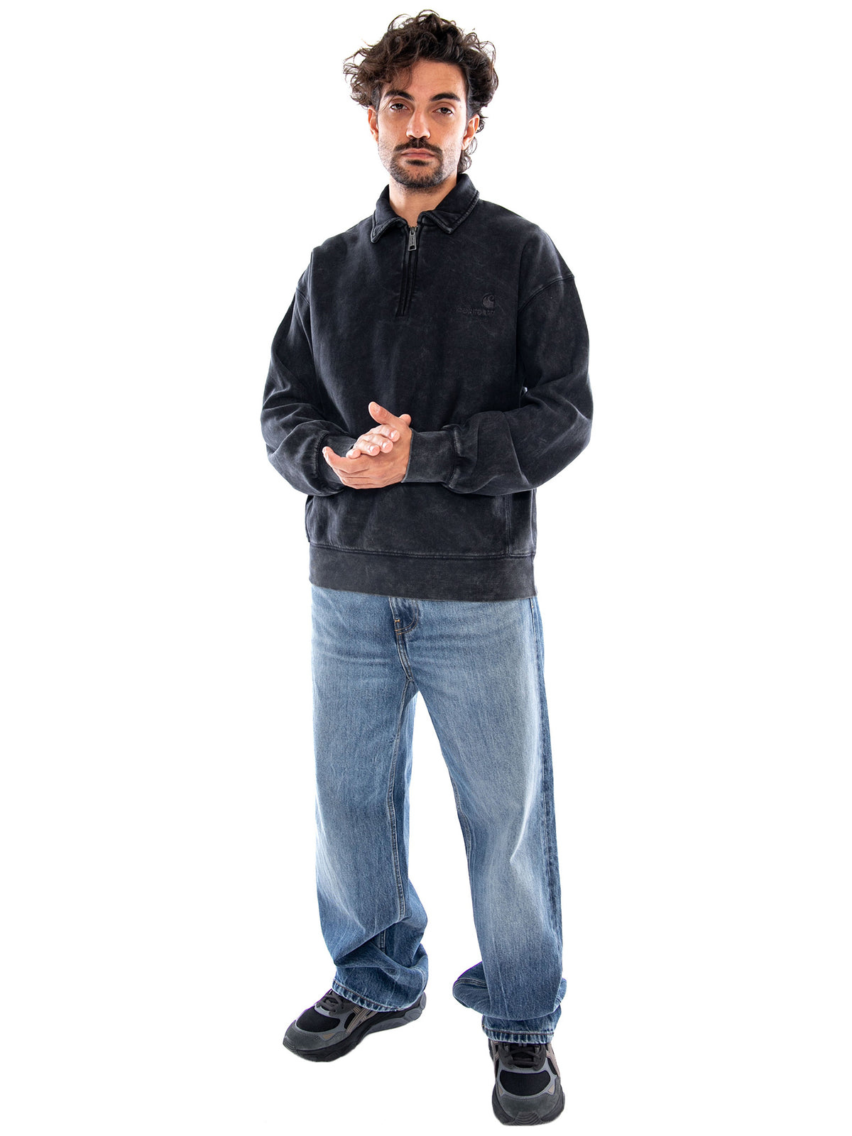 LAMBERT POLO SWEAT BLACK MOON WASH - Felpa Modello Polo Uomo Nera I037105 89FQ CARHARTT WIP 