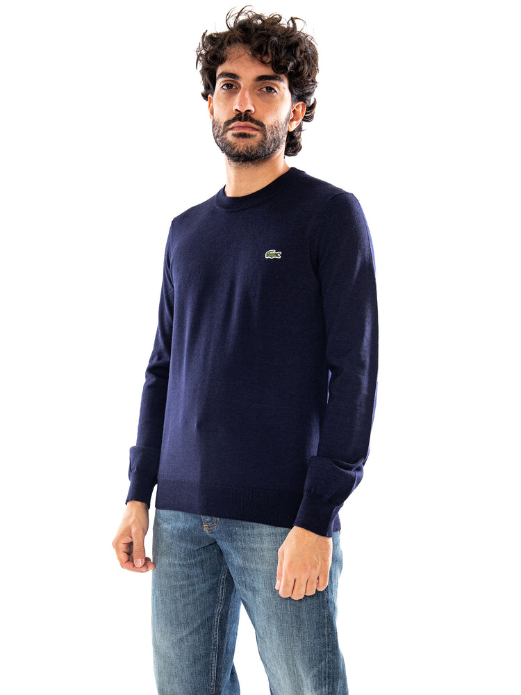 Pullover Girocollo Blue - Maglione Uomo Blu a Maglia Rasata AH3225 166 LACOSTE 