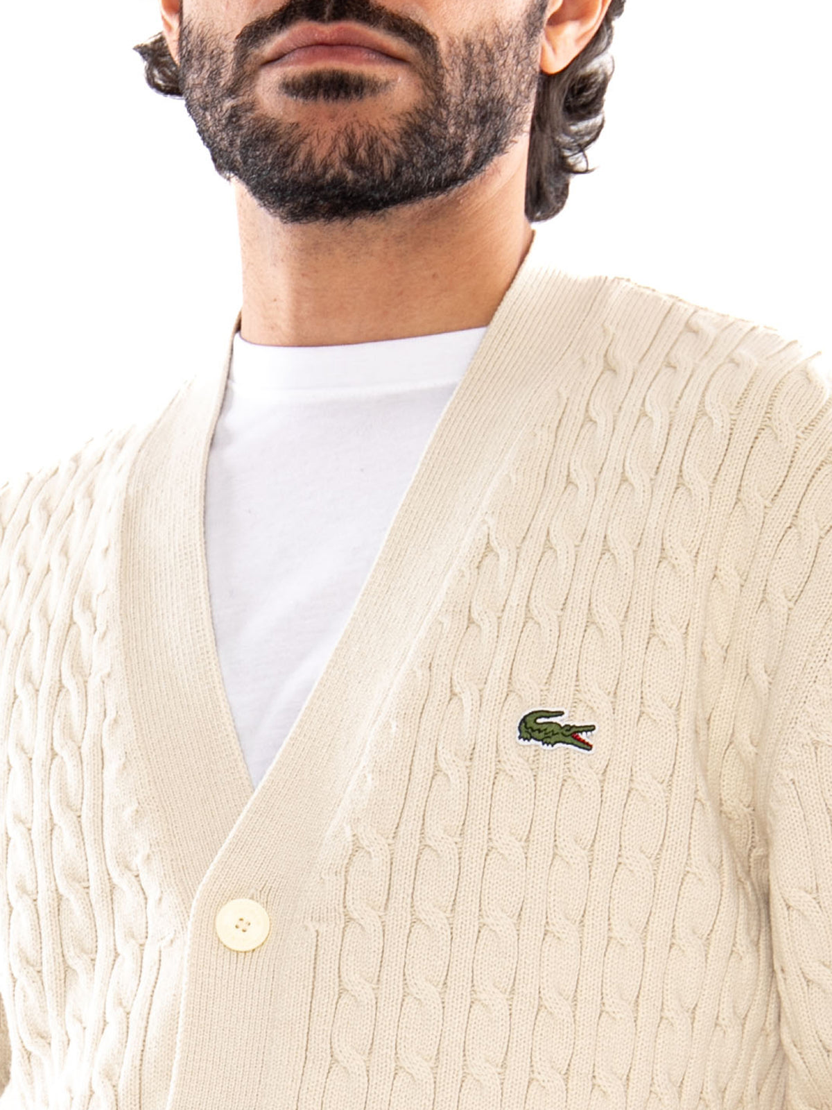 Lacoste Cabled Cardigan Beige - Cardigan Uomo in Maglia Intrecciata Beige AH8575 UN5 LACOSTE 