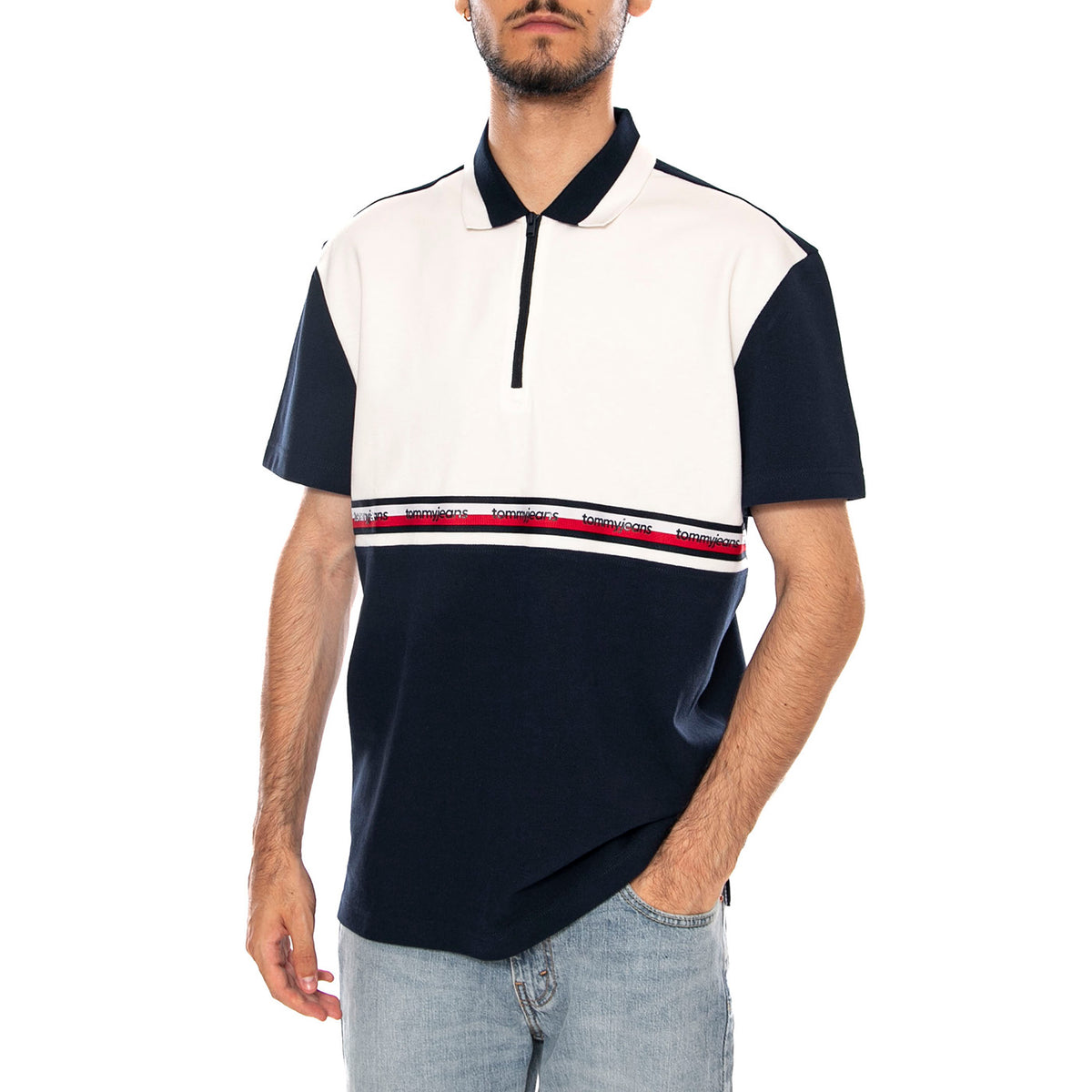 TJM RLX TAPE ZIP POLO ANCIENT WHITE COLORBLOCK - Polo Uomo Bianca / Multicolore DM0DM23242 YBH TOMMY HILFIGER 