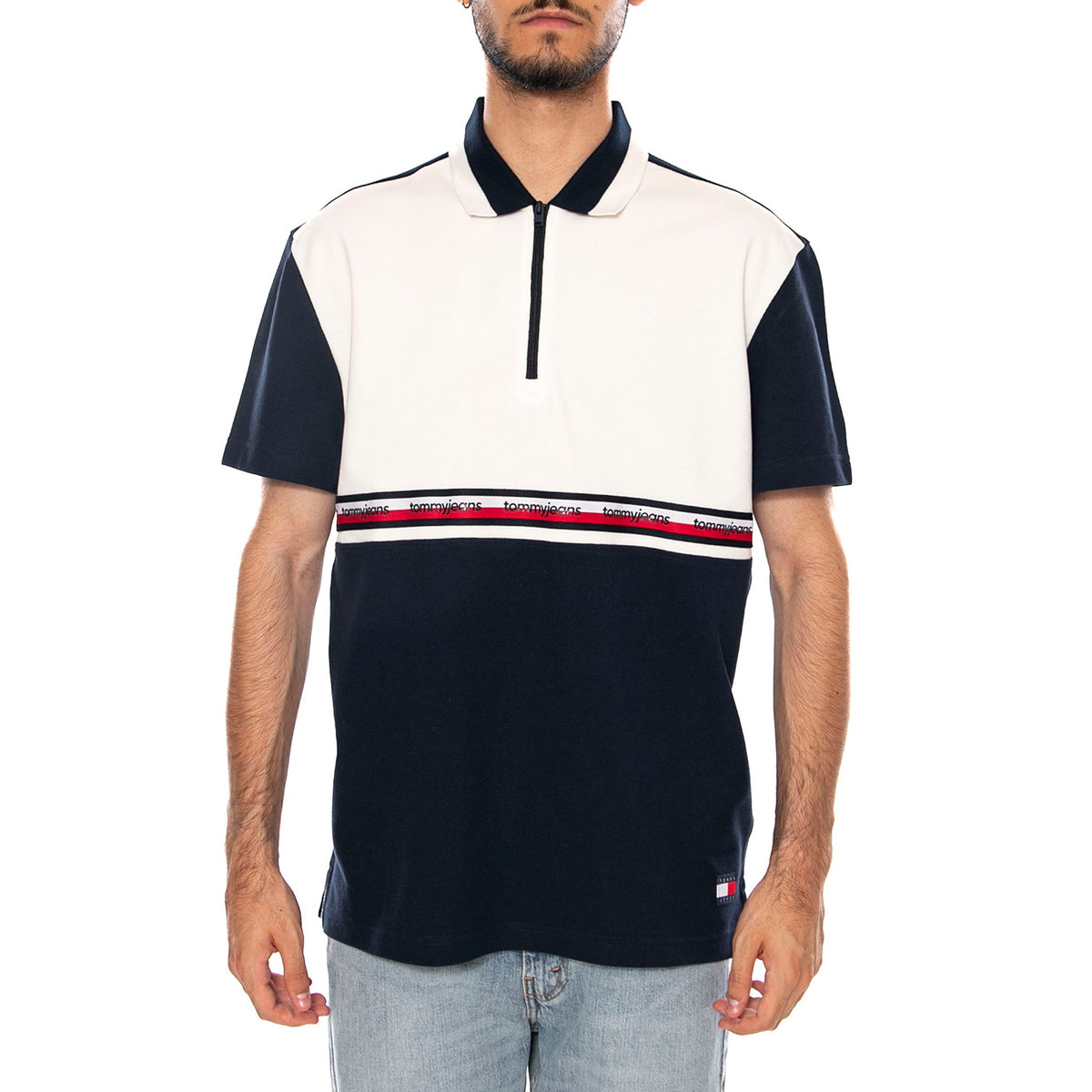 TJM RLX TAPE ZIP POLO ANCIENT WHITE COLORBLOCK - Polo Uomo Bianca / Multicolore DM0DM23242 YBH TOMMY HILFIGER 