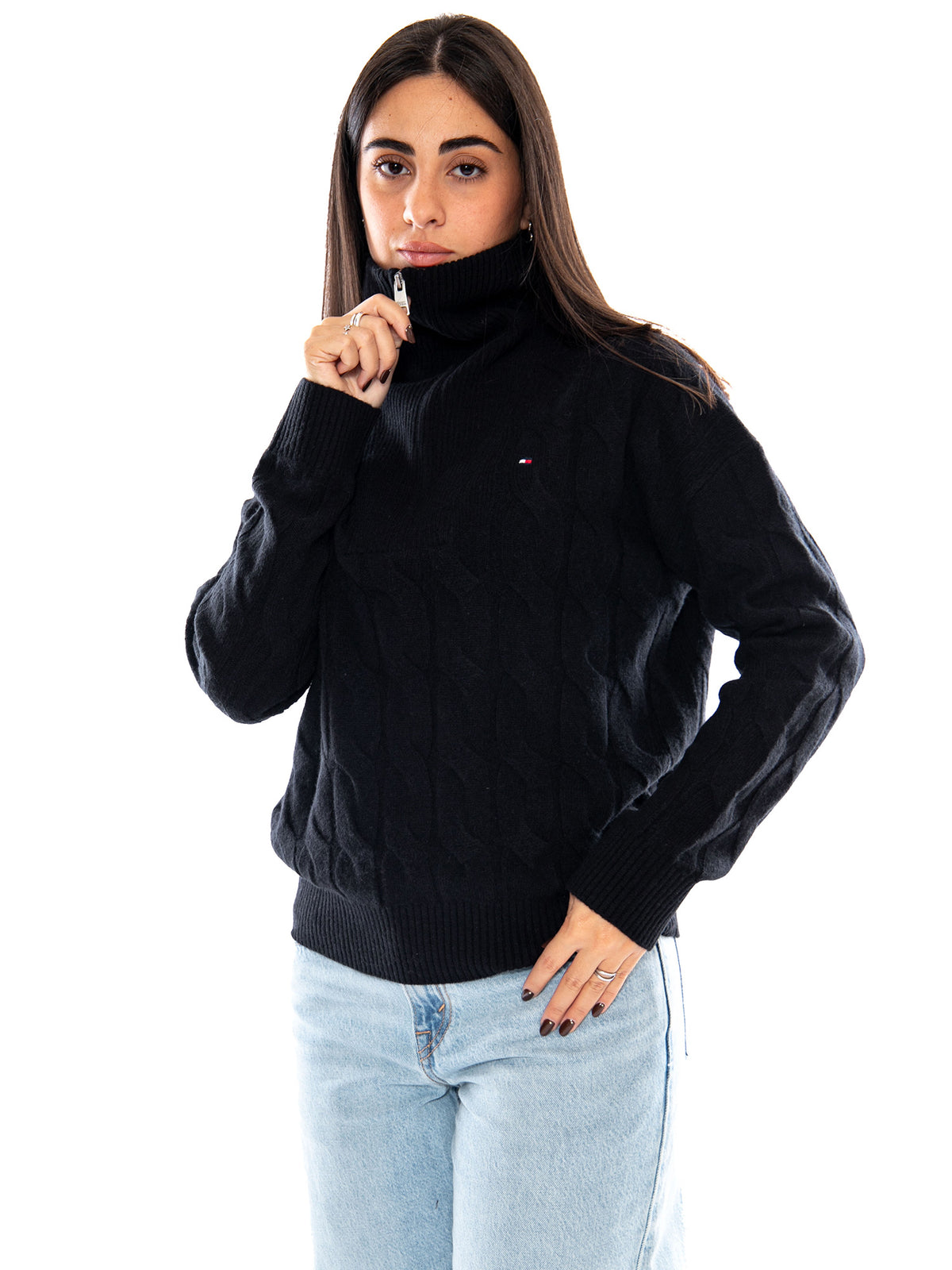 Tommy Hilfiger Soft Wool Cable 1/2 Zip LS SWT Black - Maglione Donna Nero WW0WW46425 BDS TOMMY HILFIGER 