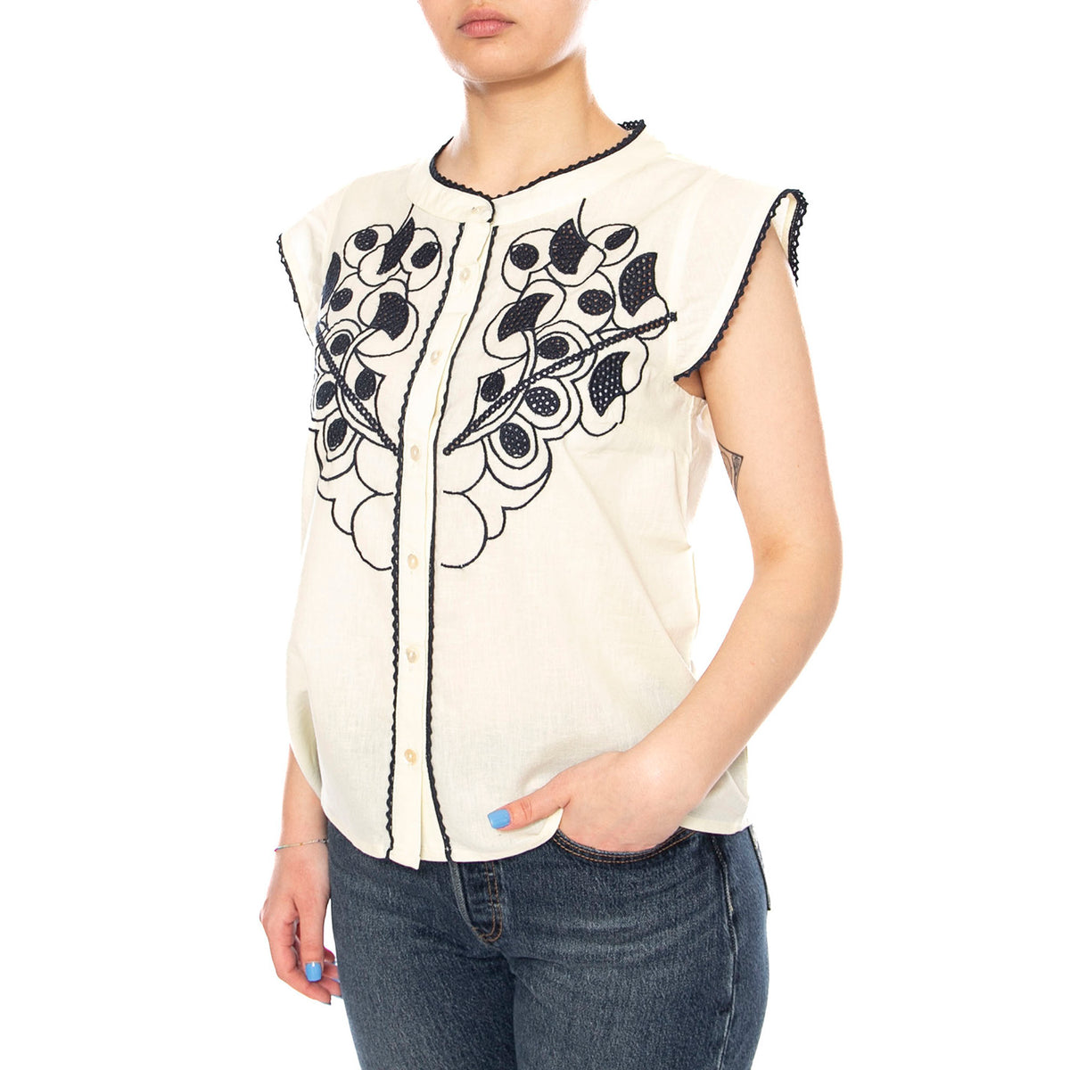 BLOUSE ECRU - Camicia Smanicata Donna Ecrù con Ricami a Contrasto 4.61.689.30 101 MD'M 