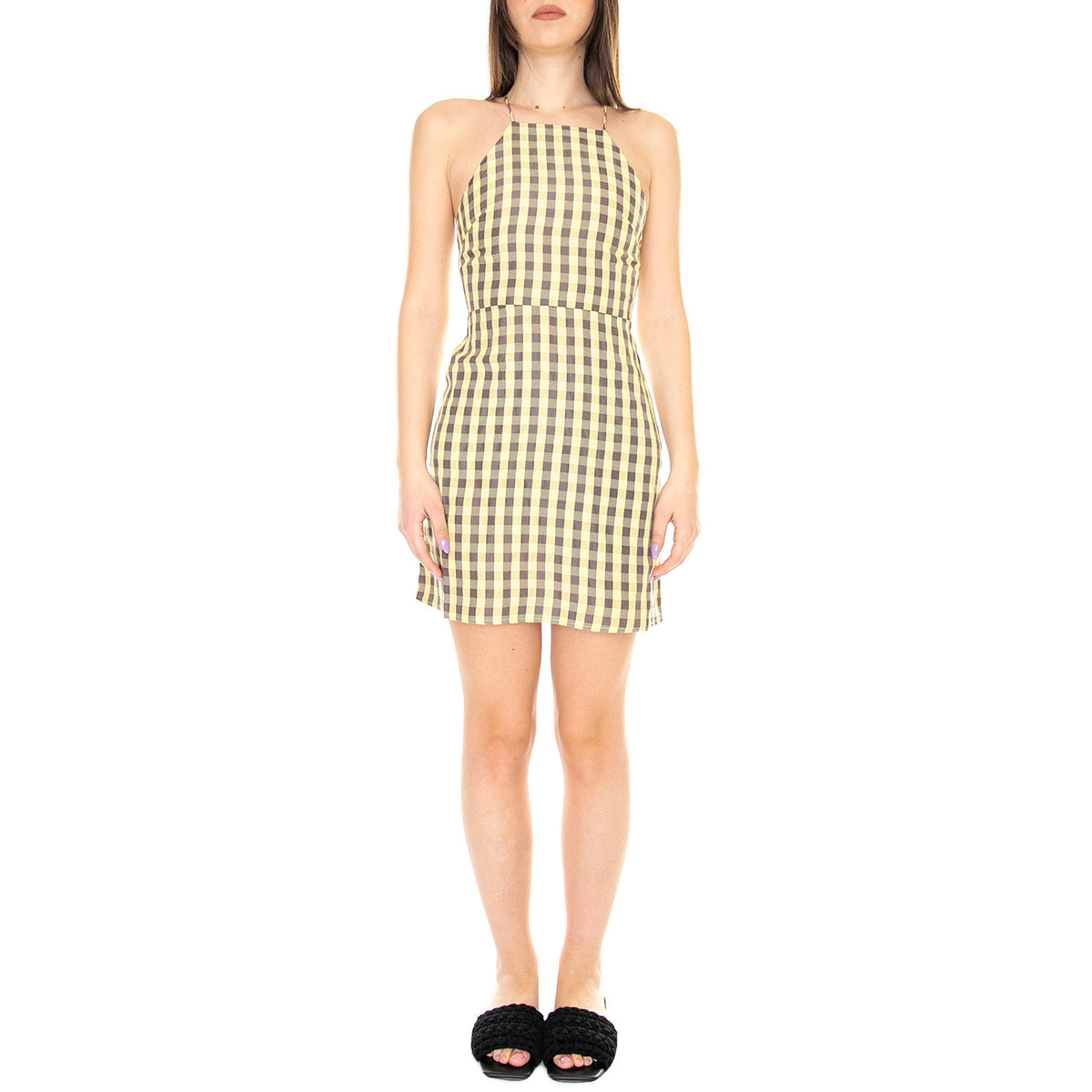 Vestido Corto Halter con Estampado de Cuadros Vichy Amarillo - Abito Donna Arancione / Multicolore 31W/11227 . WILD PONY 