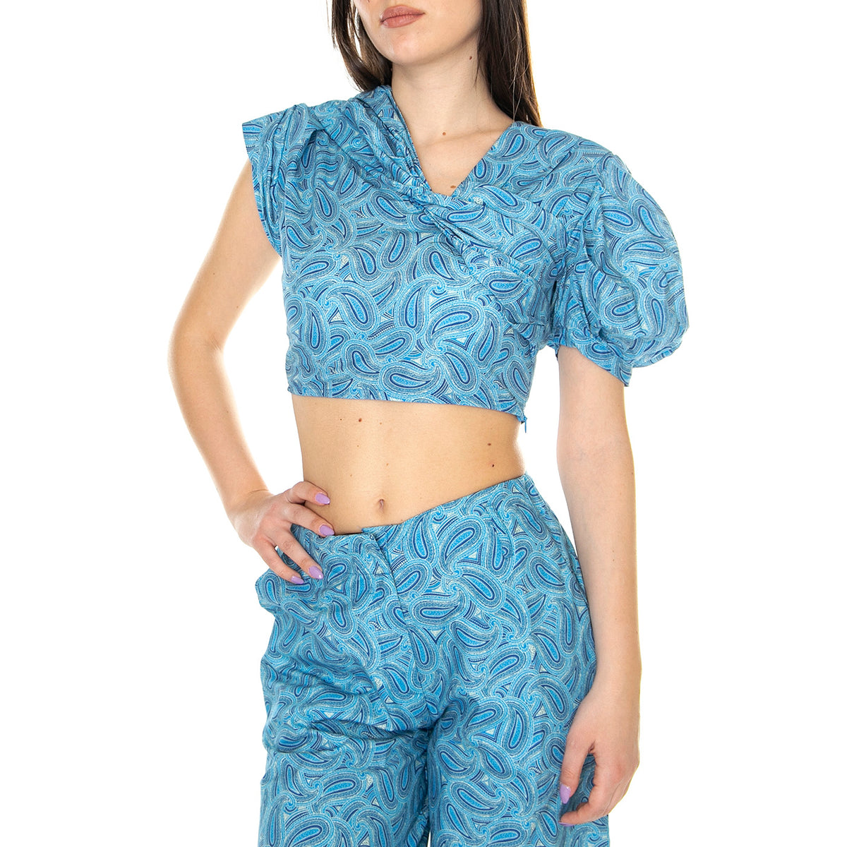 W' Crop Top Asimetrico con Estampado Paisley - Top Donna Blu / Multicolore 31W/41232 . WILD PONY 