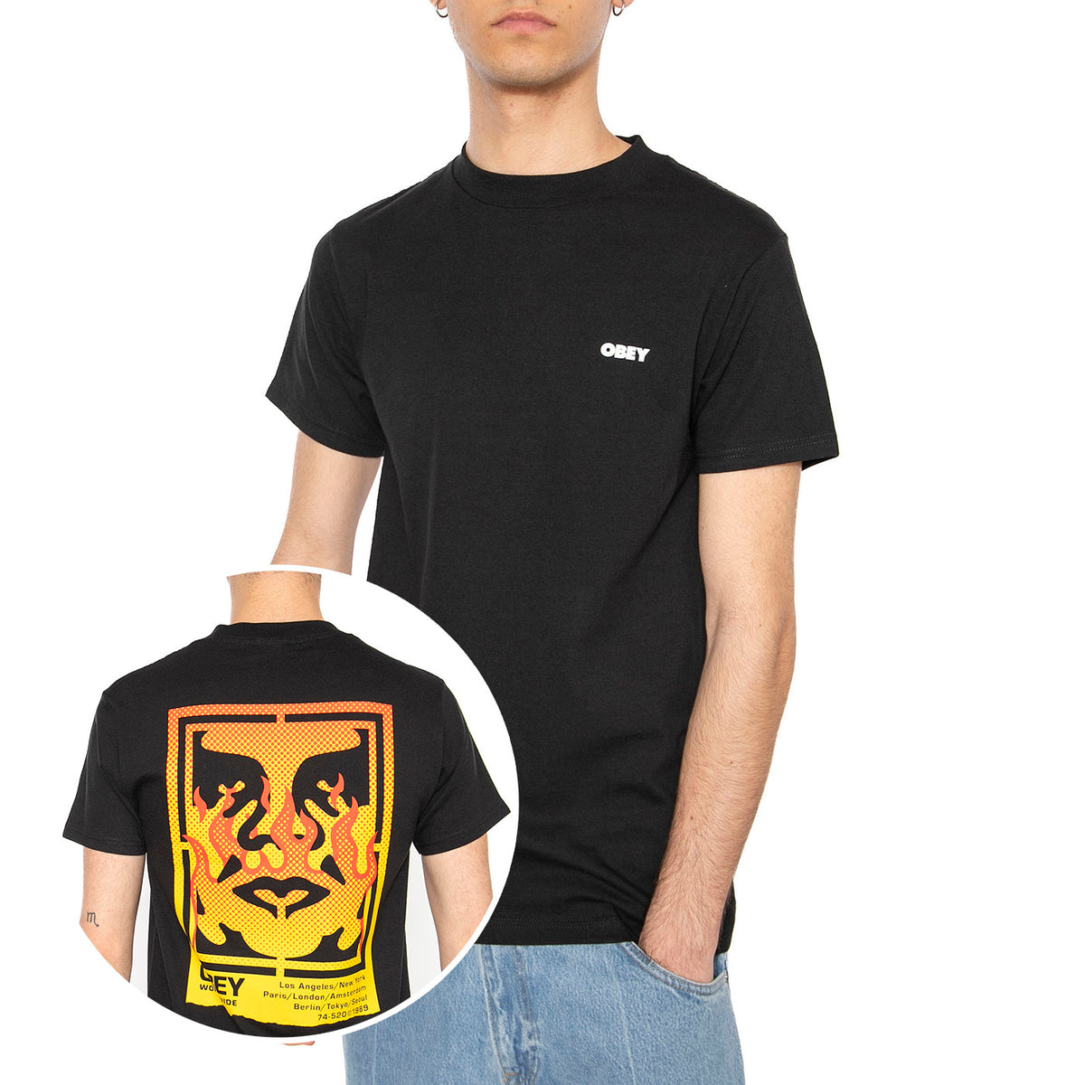 Obey Icon Stencile Flame Tee Black - Maglietta Girocollo Uomo Nera 165264048-BLK . OBEY 