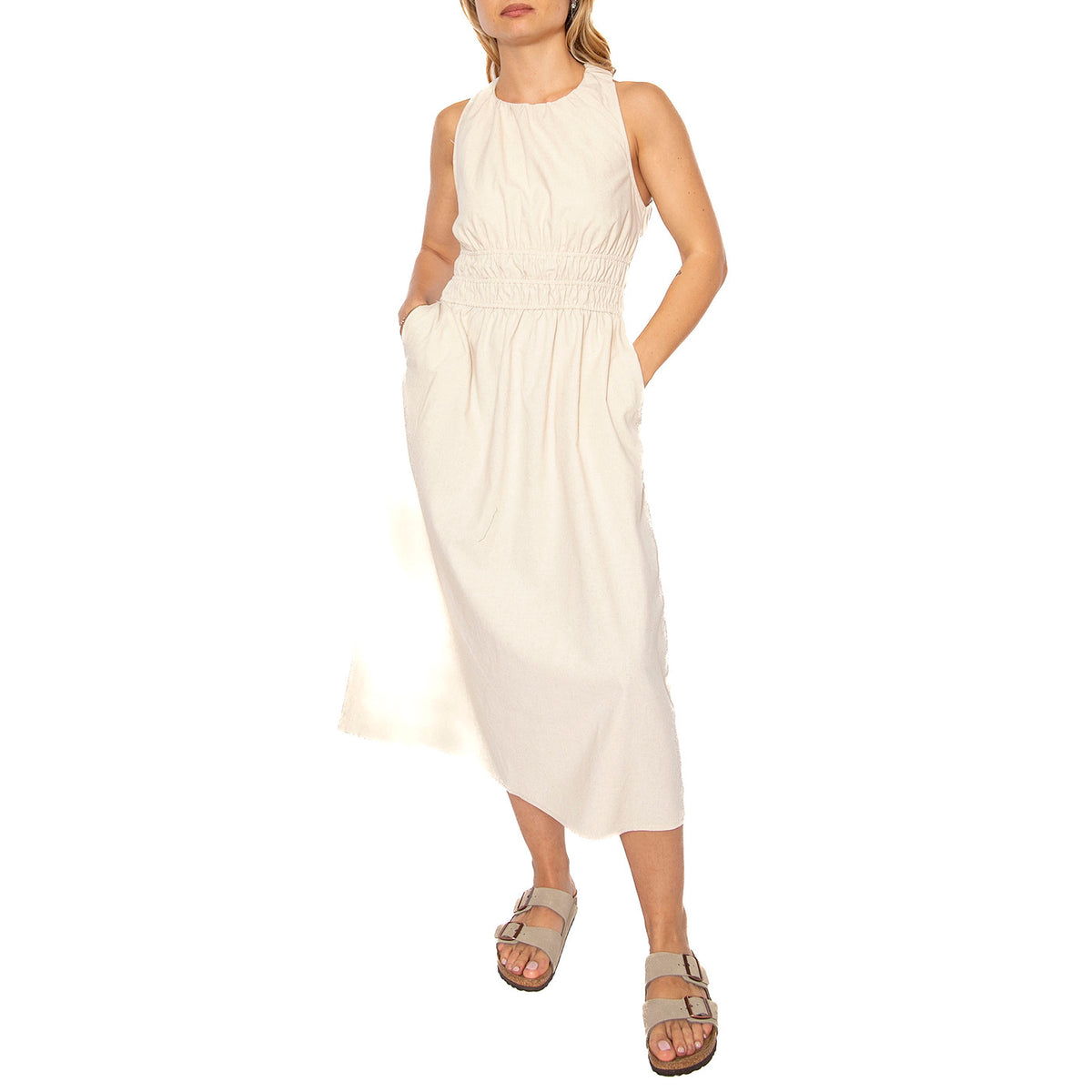 Vestido midi lino blanco - Abito Donna Beige 51W/11220 . WILD PONY 