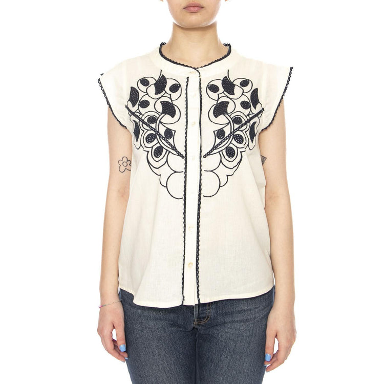 BLOUSE ECRU - Camicia Smanicata Donna Ecrù con Ricami a Contrasto 4.61.689.30 101 MD'M 