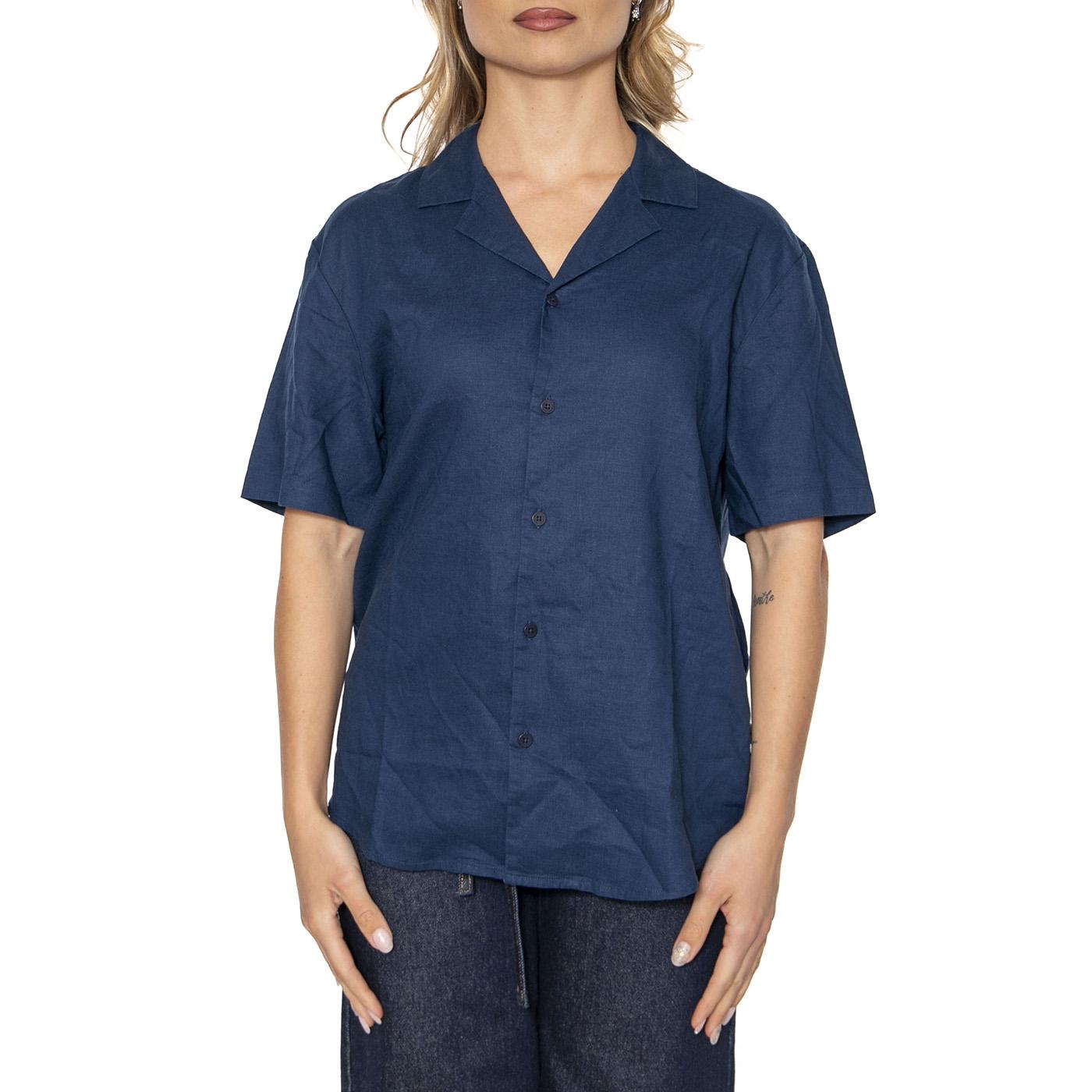 Blue Night Hemp Jules Shirt Blue - Camicia Maniche Corte Donna Blu MSH00209-BLUE . THINKING MU 