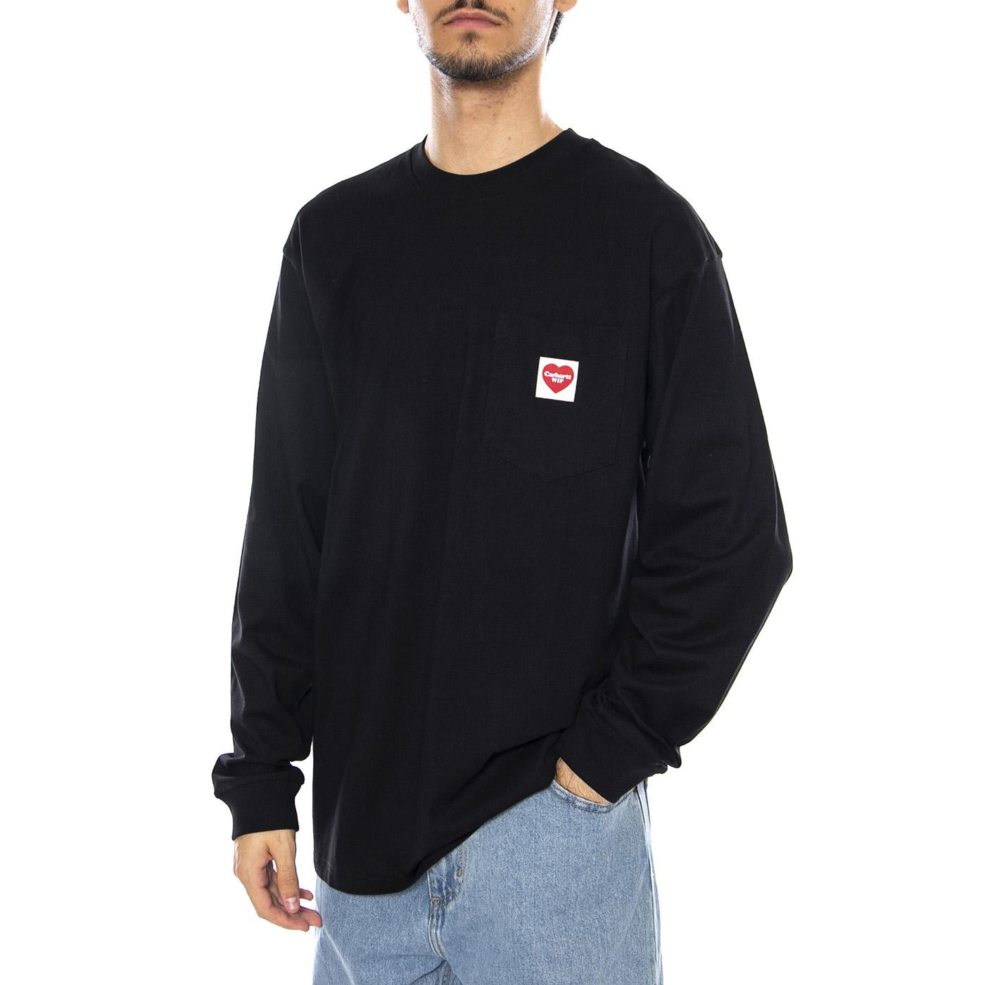 L/S Pocket Heart T-Shirt Black / Red - Maglietta Girocollo Maniche Lunghe Uomo Nera I035300.1V2XX  CARHARTT WIP 